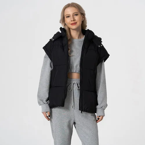 Miniatura 31 de Shiyifa Chaleco acolchado para mujer, chaqueta de gran tamaño, sin mangas, ligera, con cremallera, con capucha desmontable
