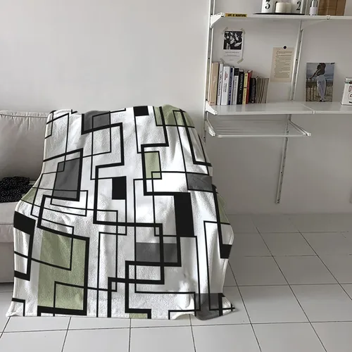 Miniatura 4 de Manta acogedora de franela con diseño geométrico, color negro, gris, verde salvia, arte abstracto, manta ligera de vellón súper suave para sofá