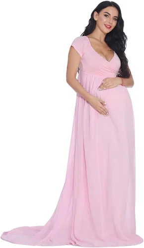 Miniatura 3 de ZIUMUDY Vestido de gasa de maternidad de manga corta con frente cruzado para fotografía de baby shower