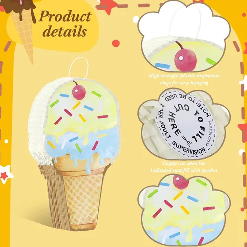 Miniatura 3 de Piñata de helado de 15.8 x 9.5 pulgadas, piñata en forma de cono de helado con barra para fiesta de cumpleaños, fiesta de dulces de verano, baby
