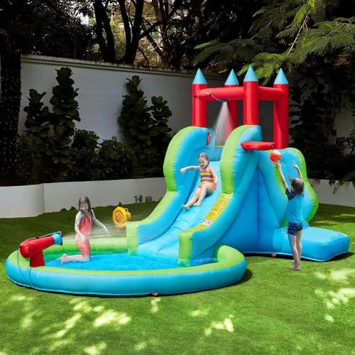 Miniatura 9 de Yaheetech Tobogán acuático inflable para niños, tobogán inflable 5 en 1 para exteriores para niños de 3 a 8 años con cañón de agua, aro
