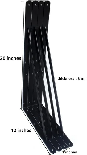 Miniatura 2 de Paquete de 16 soportes de estante resistentes negros de 20 pulgadas de largo x 12 pulgadas de alto con tornillos, soportes de estante de metal
