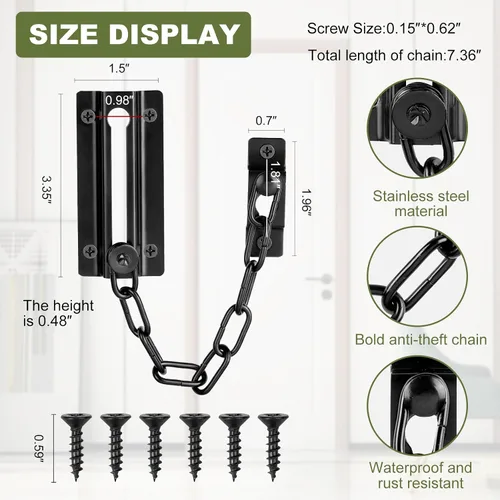 Miniatura 4 de Paquete de 2 cerraduras de cadena para puerta, color negro, cadena de seguridad para puerta interior, cerradura de puerta de cadena gruesa premium