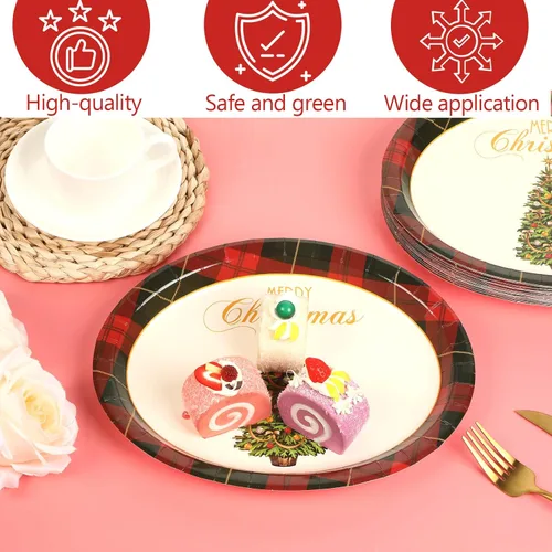 Miniatura 4 de 50 platos de papel ovalados de guinga rojo y verde de Navidad grandes de 11 pulgadas, desechables, decoraciones de fiesta temática de Navidad