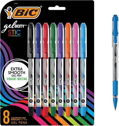 BIC Bolígrafo de gel Gel-ocity Smooth Stic, punta media (0.028 in), colores surtidos, 8 unidades, bolígrafos de tinta de gel vibrantes y suaves