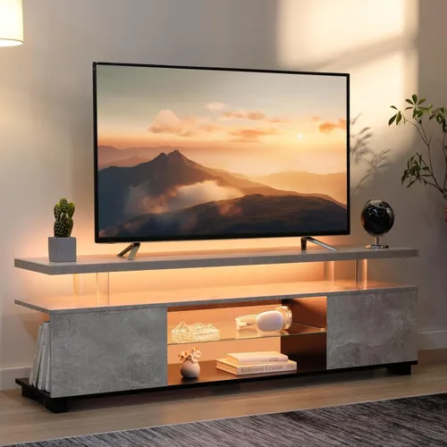 Miniatura 11 de Cubehom Soporte de TV negro, soporte de TV LED para sala de estar, centro de entretenimiento de cristal, mesas de consola de TV para sala de estar