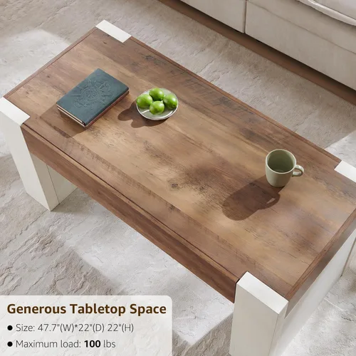 Miniatura 4 de OKD Mesa de café de 48" moderna estilo casa de campo, mesa de madera para sala de estar con cajón de almacenamiento oculto, mesas centrales
