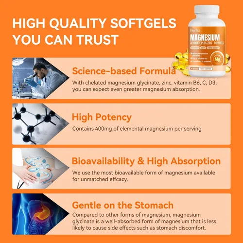 Miniatura 5 de Suplemento de glicinato de magnesio, glicinato de magnesio de 400 mg con zinc, vitamina B6, C, D3, magnesio puro para dormir, calma, músculo