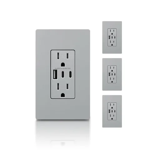 Miniatura 26 de TOPELER - Toma de corriente para montaje en pared con puertos USB 6.0A, dos tomas eléctricas de 20 amperios, tomas y puertos resistentes a la Negro