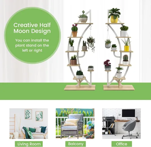 Miniatura 6 de Soporte de metal para plantas de 6 niveles, estante para plantas en forma de media luna para interiores con colgador y dispositivo antivuelco