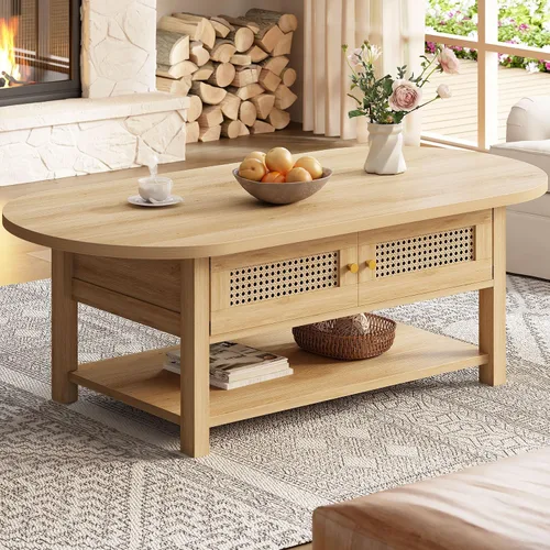 Miniatura 11 de LVB Mesa de centro de ratán, mesa de sala de estar de madera bohemia con almacenamiento, mesa de té de cóctel ovalada moderna de 2 niveles con Roble