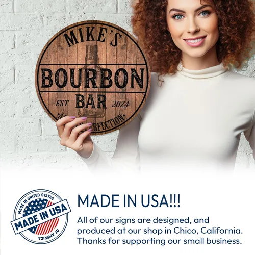Miniatura 7 de Chico Creek Signs Letrero de barra de Bourbon personalizado, letrero de barra de metal redondo personalizado, envejecido a la perfección, hecho