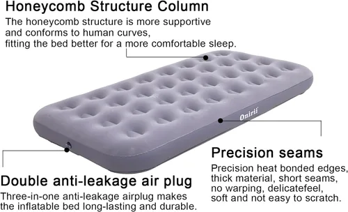 Miniatura 4 de Onirii Colchón de Aire Individual Tamaño Twin para Camping con Bomba de Aire, Colchón de Aire Inflable, Cama Inflable Portátil Engrosada, Gris
