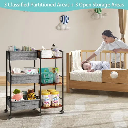 Miniatura 4 de Carrito organizador de pañales para bebé, carrito de ruedas rodantes de 3 niveles con separadores y estantes, carrito de utilidad de cabecera