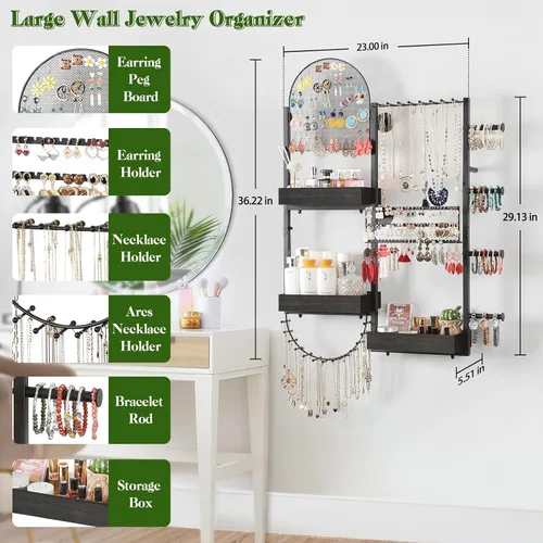Miniatura 3 de Keebofly Organizador de joyas colgante de montaje en pared, soporte de exhibición grande para aretes, anillos, collares, pulseras, relojes y Negro