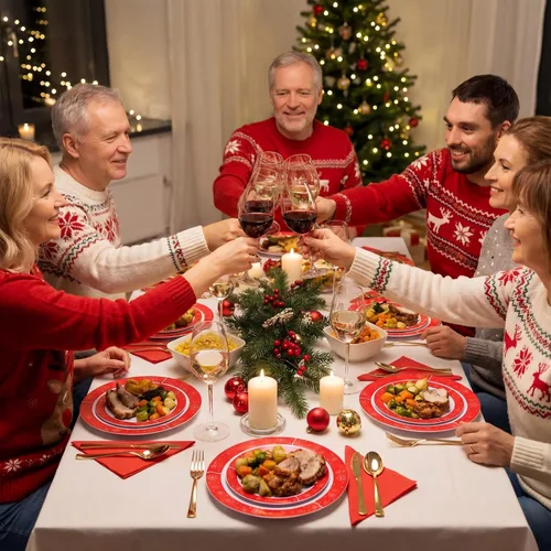 Miniatura 5 de Rubtlamp 125 piezas de platos de plástico de Navidad, platos rojos de plástico con árbol de Navidad nevado, vajilla desechable de Navidad incluye 25