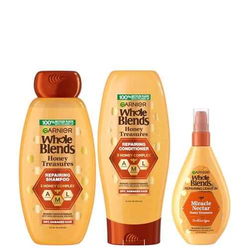 Garnier Whole Blends Honey Treasures - Champú reparador, acondicionador + Miracle Nectar Leave-In Set para cabello seco y dañado (3 artículos), 1