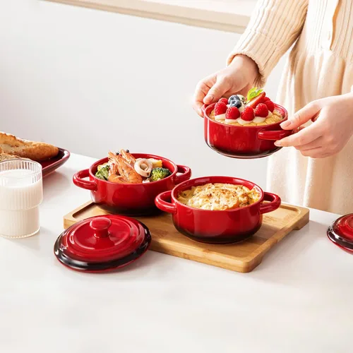 Miniatura 5 de LOVECASA Set Mini Cocotte, platos pequeños de cacerola de 12 oz con tapas, tazones de sopa con asas, ramequines de horneado individuales, aptos