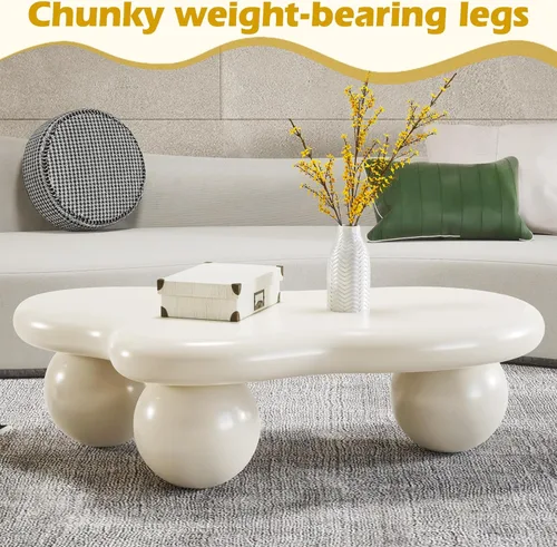 Miniatura 4 de Mesa de centro en forma de nube de 40 pulgadas, modernas mesas de centro ovaladas irregulares con 3 bases, mesa central color crema para dormitorio