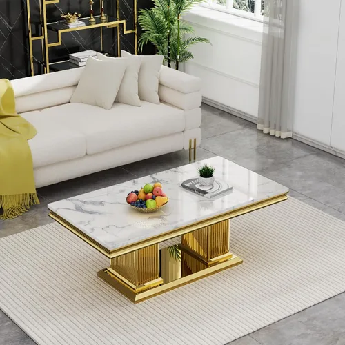 Miniatura 30 de SSLine Mesa de Centro Rectangular de Mármol Sintético para Sala de Estar, Mesa Central Moderna de Mármol Blanco de Lujo con Base Doble en Forma de U