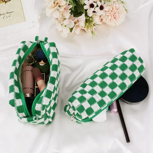 Miniatura 5 de Aucuu 2 bolsas de maquillaje a cuadros, bolsa de aseo portátil de viaje con cremallera, bolsa de maquillaje, bolsa de almacenamiento de cosméticos
