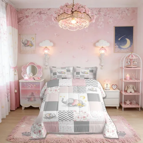 Miniatura 2 de Lindo juego de edredón de elefante, tamaño individual, juego de ropa de cama de dibujos animados Kawaii con flores de animales para niños y hombres