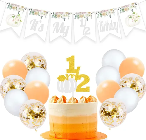 Miniatura 7 de Cartel de cumpleaños 1/2 con texto en inglés "Pumpkin It's My 1/2" para decoración de pastel de 6 meses, accesorios para fotos de Halloween, globos