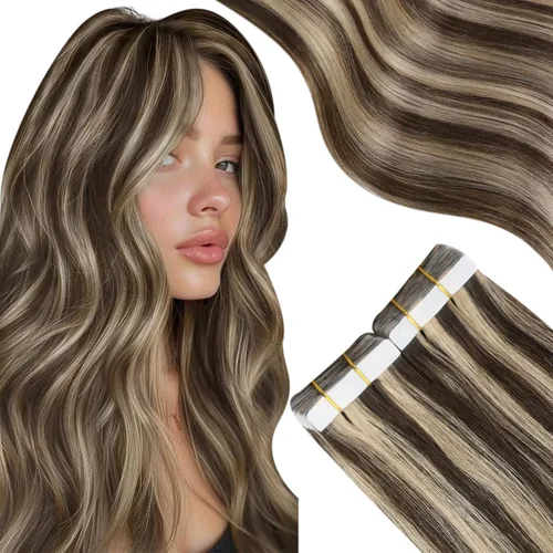 Miniatura 21 de Moresoo Extensiones adhesivas de cabello humano degradado, balayage, mezcla de marrón oscuro con extensiones de color marrón medio, extensiones