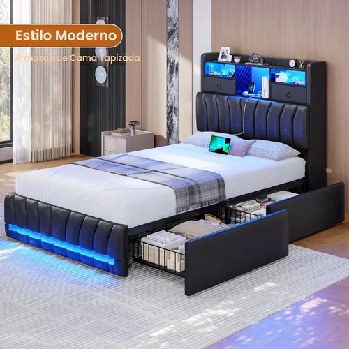 Miniatura 8 de DICTAC Estructuras de Cama Gemela con Cabecera de Almacenamiento y 2 Cajones Grandes, Cama Gaming con Luces RGB y Estación de Carga, Cama