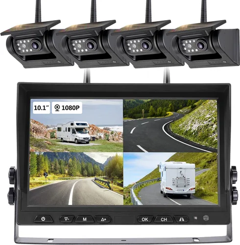 Sistema de cámara de respaldo inalámbrico solar magnético de 10.1 pulgadas, monitor DVR HD 1080P, cámaras inalámbricas RV para remolque de enganche