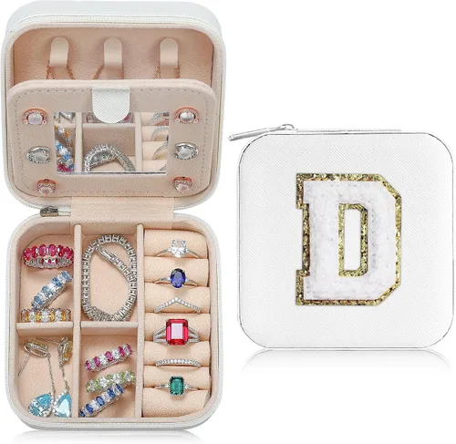 Parima - Joyero de viaje para mujer, regalo de cumpleaños, graduación, Día de la Madre y Día del Maestro, para mujeres y niñas, blanco, letra D