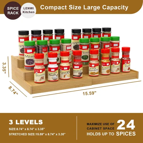 Miniatura 4 de Lenwi Organizador de estante de especias para gabinete, de bambú expandible de 3 niveles, ideal para gabinete de cocina, armario, despensa y más