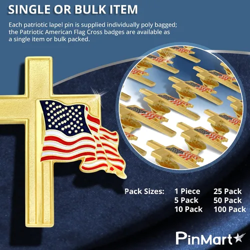 Miniatura 6 de PinMart Cruz patriótica con bandera estadounidense ondeando la bandera de Estados Unidos – Pin de solapa esmaltado – SecureClutch Back