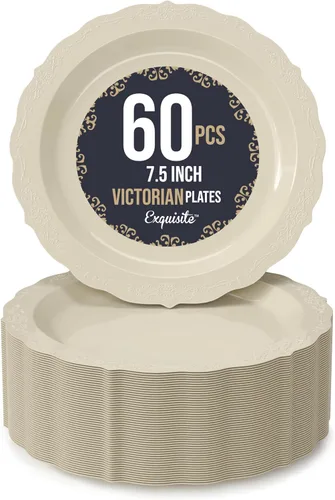 Miniatura 16 de SIZENAME - Platos de plástico desechables, diseño victoriano de calidad premium, color crema, para fiestas y bodas, 60
