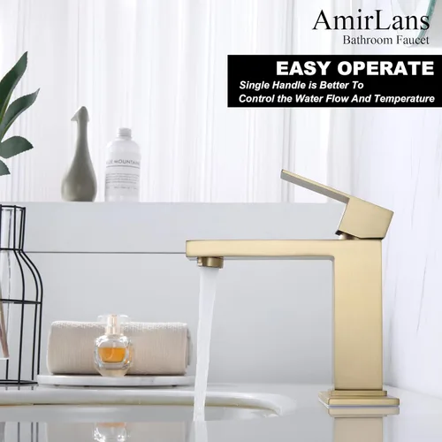 Miniatura 3 de Grifos de baño de oro cepillado de un solo agujero, grifo de acero inoxidable de una sola manija para fregadero de baño con tapón emergente, grifo