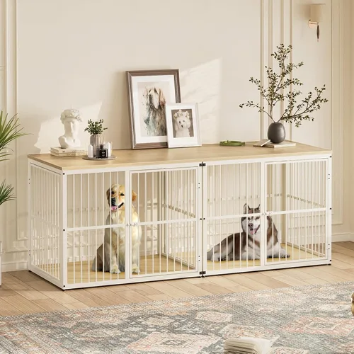 Miniatura 8 de Lyromix 94.48'' Mueble de jaula para perros de raza grande con soporte para TV de dos habitaciones, mesa auxiliar de jaula para perros de madera