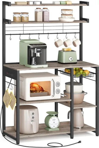 Miniatura 10 de VASAGLE Estante para panadero, soporte para microondas, estante de almacenamiento de cocina con cesta de alambre, 6 ganchos y estantes