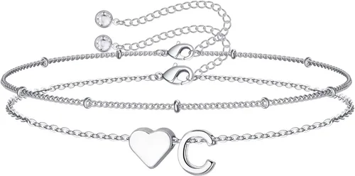 Miniatura 15 de M MOOHAM Pulseras de oro con inicial de corazón para mujer, pulseras con dije de letra A-Z de corazón dorado en capas para mujer, pulseras