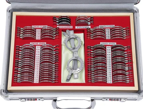 Juego de lentes ópticas de prueba de 104 piezas, kit de optometría con borde de metal, carcasa de aluminio, marco de prueba, lentes oftálmicas con