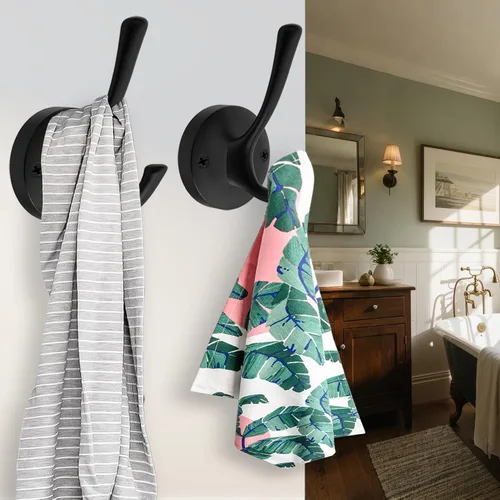 Miniatura 3 de TOFIIGREM Ganchos de pared negros para toallas, paquete de 3 ganchos para abrigos, ganchos para bata, gancho de metal resistente, doble gancho