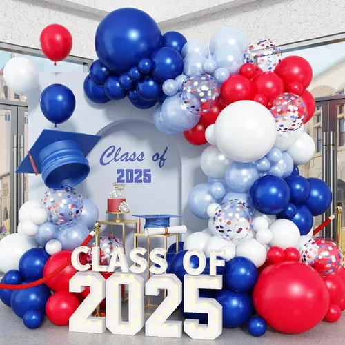 Miniatura 9 de Arco de globos rojos, blancos y azules, 130 unidades, guirnalda de globos azul claro azul claro y blanco con globos de confeti para béisbol, 4