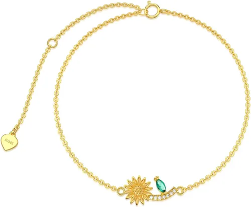 WSX Solid 14k SunflowerHeart Charm Bracelet for Women Girls Charm Bracelets Gifts for Her Graduation Birthday Valentine