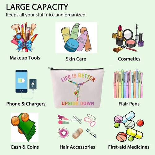 Miniatura 5 de FOTAP Bolsa de cosméticos para gimnasta, regalo inspirador, regalo para amantes de la gimnasia, bolsa de viaje para niña, Blanco, Life Down