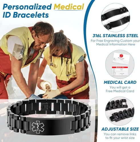 Miniatura 4 de Gamtic Pulsera personalizada de alerta médica personalizable, pulsera de identificación de emergencia, estilo pulsera, pulseras de alerta grabadas