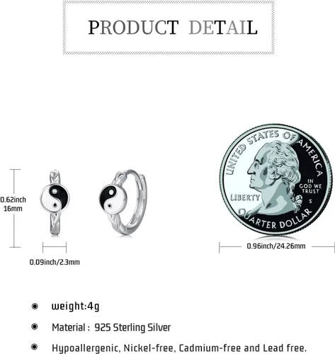 Miniatura 6 de Yin Yang - Aretes de plata de ley 925, aretes de aro de Yin Yang Huggie de Yin Yang, joyería de regalo para hombres y mujeres, Plata de ley, plata