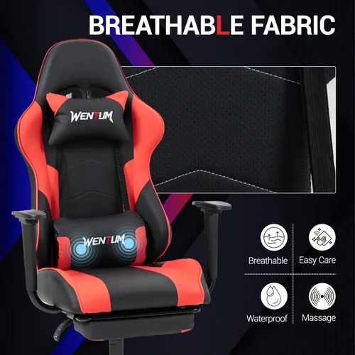 Miniatura 6 de Silla de juegos con reposapiés, silla ergonómica de escritorio para PC con reposacabezas y soporte lumbar de masaje, silla de videojuegos con Negro