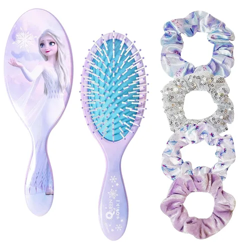 Frozen Princess Elsa - Juego de 5 piezas de accesorios para el cabello, 1 cepillo regular de 9 pulgadas y 4 coleteros de Frozen - Cepillo Accesorios