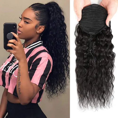 Miniatura 12 de Extensiones de pelo rizado con cordón para cola de caballo, extensiones de cabello humano para mujer con dos clips 1B# 120g/set (71cm)