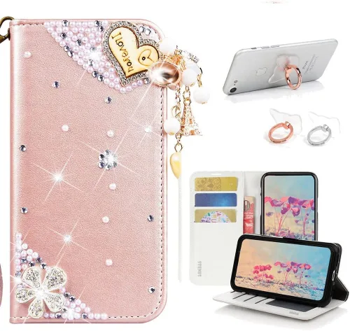 Miniatura 6 de Bling - Funda tipo cartera compatible con iPod Touch 5/iPod Touch 6, elegante, 3D hecha a mano, S-Link, funda de piel con diseño de mariposas