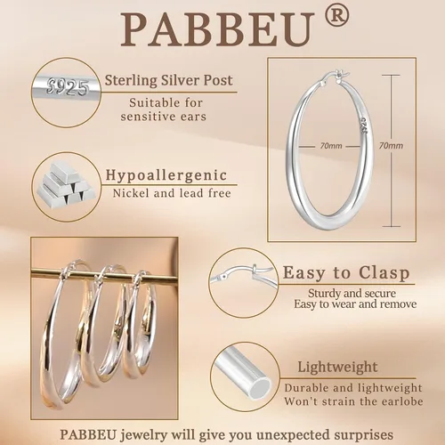 Miniatura 2 de PABBEU Aretes de aro de plata de ley S925 grandes para mujer, hipoalergénicos, ligeros, grandes, gruesos, para mujeres y niñas, 354050602.756 in